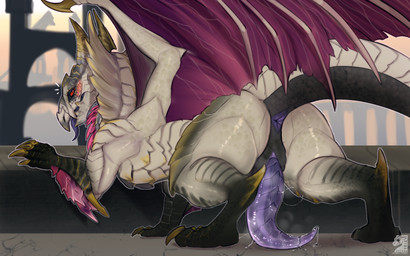animal_genitalia animal_penis anus aroused big_penis blush blush_lines bodily_fluids butt castle claws erection feral genital_fluids genital_slit genitals horn leaking_precum logo looking_at_viewer looking_back male membrane_(anatomy) membranous_wings outside penis penis_on_ground precum purple_anus purple_penis red_eyes ruins scales solo tail tapering_penis thick_thighs tongue tongue_out wings zyria capcom monster_hunter mythology dragon elder_dragon malzeno mythological_creature mythological_scalie scalie 2026 artist_logo colored digital_media_(artwork) hi_res shaded