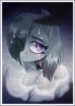 2018 absurd_res anthro anthrofied border breasts bust_portrait collar earth_pony equid equine eyebrows eyelashes female friendship_is_magic grey_hair hair hair_over_eye hasbro hi_res horse looking_at_viewer mammal marble_pie_(mlp) milkibee my_little_pony nude one_eye_obstructed outside pony portrait purple_eyes skinny_dipping smile solo text url water watermark wet white_border