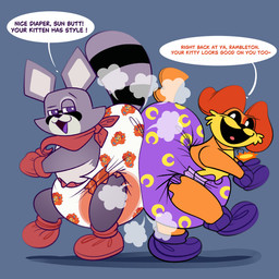 ambiguous_gender anthro ass_to_ass big_diaper black_body black_fur black_nose black_sclera black_tail bondage_gear bondage_gloves booties clean_diaper clothed clothing cloud_emanata color_coded_text dialogue diaper diaper_bump diaper_puff dipstick_tail duo emanata floppy_ears footwear fur grey_background grey_body grey_fur grey_inner_ear half-closed_eyes handwear huge_diaper jewelry kerchief looking_at_another looking_at_partner looking_back looking_back_at_another looking_back_at_partner markings mascot_horror multicolored_body multicolored_fur narrowed_eyes neckerchief necklace neckwear on_one_leg open_mouth open_smile orange_body orange_fur orange_tail pattern_diaper purple_body purple_clothing purple_footwear purple_fur purple_handwear purple_tail purple_tail_tip red_clothing red_footwear red_handwear red_kerchief red_neckerchief ring_(marking) ringed_tail simple_background smile speech_bubble standing striped_markings striped_tail stripes tail tail_markings text tilde_after_text two_tone_tail wearing_diaper yellow_body yellow_fur srbunny649 indigo_park mob_entertainment poppy_playtime smiling_critters dogday_(poppy_playtime) lloydford_l._lion rambley_raccoon canid canine canis domestic_dog mammal procyonid raccoon 1:1 english_text hi_res male_(lore)