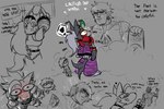 anthro blush dialogue exclamation_point female group heart_symbol humor male tail tail_motion tailwag text mama_mj_(artist) five_nights_at_freddy's five_nights_at_freddy's:_security_breach scottgames steel_wool_studios gregory_(fnaf) roxanne_wolf wet_floor_bot_(fnaf) canid canine canis human mammal wolf 2022 english_text