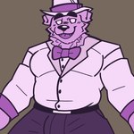 anthro belly belt bow_ribbon bow_tie bulge cheek_tuft clothed clothing cute_fangs dress_shirt empty_eyes eyebrows facial_tuft fangs front_view fully_clothed fur grey_background hair happy hat headgear headwear looking_at_viewer male musclegut muscular muscular_male necktie open_mouth open_smile outline pink_body pink_fur pockets purple_body purple_bow_tie purple_clothing purple_fur purple_hair purple_outline purple_shirt purple_topwear ruff shirt simple_background slightly_chubby smile snout solo suit teeth topwear tuft white_clothing white_dress_shirt white_eyes white_shirt white_topwear youtuber anonymous_artist youtube uhyeah canid canine canis domestic_dog mammal 1:1 2023 digital_media_(artwork) flat_colors half-length_portrait hi_res portrait