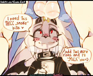 anthro backsack balls balls_focus big_balls clothed clothing duo fur genital_focus genitals hair horn male male/male nude piercing ring_piercing smile text thick_thighs cum.cat mythology nova_astralis penta_(cum.cat) canid canine dragon fennec_fox fox hybrid mammal mythological_creature mythological_scalie scalie true_fox digital_media_(artwork) english_text