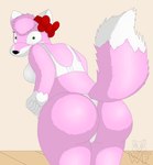 anthro blush bow_tie butt clothing female looking_at_viewer looking_back looking_back_at_viewer panties raised_tail shocked simple_background solo tail underwear wafflefox taffy_(wafflefox) canid canine fox mammal hi_res