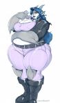 anthro big_breasts boots breasts clothed clothing dessert doughnut female food footwear looking_at_viewer nipple_outline non-mammal_breasts overweight overweight_anthro overweight_female pastry shoes solo standing text vondranart fish marine shark absurd_res hi_res