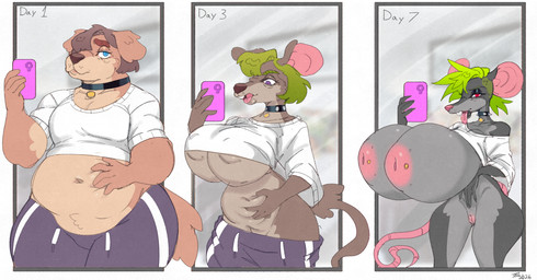 anthro big_breasts bottomless bottomwear breast_expansion breasts buckteeth cellphone clothed clothing collar electronics expansion female genitals green_hair hair holding_object holding_phone huge_breasts navel nipple_piercing nipples overweight pants phone piercing shirt simple_background smartphone solo species_transformation spiked_collar spikes tail teeth time_lapse topwear transformation vulva weight_loss white_clothing white_shirt white_topwear scarfyace trish_(scarfyace) canid canine canis domestic_dog mammal murid murine rat rodent 2026 absurd_res digital_media_(artwork) hi_res sequence