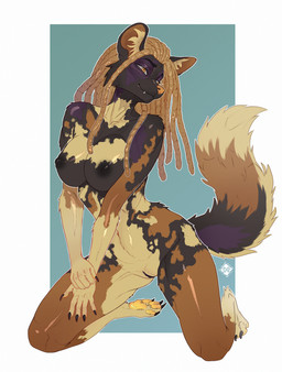 5_fingers amber_eyes anthro areola black_nipples cheek_tuft claws dreadlocks facial_tuft female fingers fluffy fluffy_tail fur genitals looking_at_another multicolored_body multicolored_fur nipples pawpads sitting smile smiling_at_another solo tail teeth tuft vulva moirah african_wild_dog canid canine canis domestic_dog mammal absurd_res hi_res