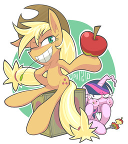 apple blonde_hair blush bodily_fluids clothing cowboy_hat cutie_mark cutlery duo female feral food fork fruit fur green_eyes hair hat headgear headwear horn kitchen_utensils long_hair multicolored_hair pink_hair plant ponytail purple_body purple_eyes purple_fur purple_hair sitting tail tears tools two_tone_hair gashi-gashi friendship_is_magic hasbro my_little_pony mythology applejack_(mlp) twilight_sparkle_(mlp) earth_pony equid equine horse mammal mythological_creature mythological_equine pony unicorn