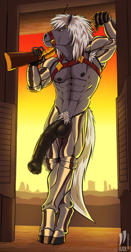animal_genitalia animal_penis anthro armpit_hair big_penis body_hair cybernetic_arm cybernetic_leg cybernetic_limb cybernetics dusk equine_genitalia equine_penis genitals gun harness holding_gun holding_object holding_ranged_weapon holding_weapon huge_penis machine male muscular penis pubes ranged_weapon rifle saloon_doors solo tail weapon western wild_west iudicium86 bravestarr filmation thirty_thirty equid equine horse mammal hi_res