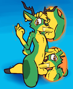 4_fingers antlers autofellatio ball_tuft balls big_balls big_penis black_antlers black_hooves black_nose blonde_hair ear_piercing ear_ring erection fingers fur genitals green_body green_fur hair head_grab hooves horn kneeling looking_at_viewer magic markings masturbation motion_lines non-euclidean_sex oral oral_masturbation orange_body orange_eyes orange_fur orange_spots penile penile_masturbation penis piercing ring_piercing sex smile spots spotted_body spotted_fur thinking_with_portals tuft yellow_balls yellow_body yellow_fur yellow_inner_ear yellow_penis yellow_spots ultilix neb_(nebtabulon) deer mammal hi_res