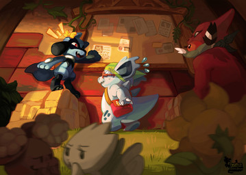 ambiguous_gender bag bulletin_board detailed_background eyewear feral flower glasses group information_board plant poster semi-anthro smile whispering christine_fouron nintendo pokemon pokemon_mystery_dungeon spike_chunsoft buneary canid canine charmeleon elemental_creature fletchling flora_fauna flower_creature generation_1_pokemon generation_2_pokemon generation_4_pokemon generation_6_pokemon lagomorph mammal nidorina pokemon_(species) riolu sunflora togetic source_request