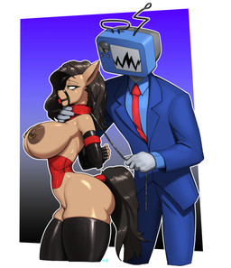 5_fingers accessory antenna_wire anthro arched_back armor bdsm big_breasts black_hair blue_clothing blue_suit bondage bound breasts broken_screen clothing collar corset dark_nipples dominant dominant_male duo ears_back electronics female fingers for_a_head fur geometric_background gorget gradient_background green_eyes grey_body hair hand_on_neck hands_behind_back hands_tied hands_tied_behind_back horse_tail larger_dom leash leash_pull legwear lingerie looking_at_another male male/female necktie outline petplay pivoted_ears red_necktie roleplay screen screen_face simple_background size_difference small_waist squish submissive submissive_female suit tail tail_wraps tan_body tan_fur television thick_thighs thigh_highs thigh_squish topwear white_outline wide_hips wraps maned_kitsune anna_(kelnich) kelnich equid equine horse mammal object_head screen_head tv_head hi_res