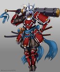 5_fingers armor blue_body blue_skin clothed clothing female fingers fully_clothed hair horn japanese_armor kanabō katana melee_weapon solo standing sword weapon white_hair yellow_eyes gausscannon asian_mythology east_asian_mythology japanese_mythology mythology demon oni yokai 2020 absurd_res hi_res