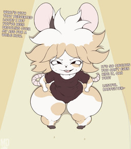 age_difference anthro big_butt brown_body brown_fur butt clothing freckled_face freckles fur hair huge_butt huge_thighs looking_at_viewer male multicolored_body multicolored_hair open_mouth orange_body orange_fur orange_hair pedophilia_temptation pink_ears pink_tail shirt shota smug smug_face smug_grin solo solo_focus tail taunting teeth text thick_thighs topwear white_body white_fur white_hair young young_anthro younger_male madnessdog700 merry_noel mammal mouse murid murine rodent english_text hi_res