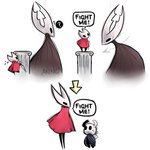 2019 2_horns absurd_res ambiguous_gender anthro artist_name black_eyes black_legs black_text bodily_fluids climbing cloak clothing dialogue digital_media_(artwork) directional_arrow english_text exclamation_point featureless_feet feet female group hi_res holding_melee_weapon holding_object holding_weapon hollow_knight hollow_knight_(character) horn hornet_(hollow_knight) larger_female looking_at_another melee_weapon nail_(weapon) nonbinary_(lore) question_mark red_cloak red_clothing sibling_(lore) simple_background sister_(lore) size_difference smaller_female speech_bubble standing sweat sweatdrop talking_to_another team_cherry text the_knight_(hollow_knight) trio upe-ann vessel_(species) weapon weapon_on_back white_background white_head