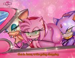 2000s_theme amber_eyes anthro blue_eyes breasts cleavage clothed clothing conjoined_eyes dialogue female green_eyes group hair parody pink_hair smile sparkles talking_to_viewer text lucyfairypink get_in_loser mean_girls sega sonic_the_hedgehog_(series) amy_rose blaze_the_cat rouge_the_bat bat domestic_cat eulipotyphlan felid feline felis hedgehog mammal english_text hi_res meme pink_theme subtitled