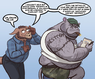 adjusting_glasses anthro back_hair barbed_wire_tattoo beard belly big_belly black_bottomwear black_clothing black_pants blue_background blue_clothing blue_flannel blue_shirt blue_topwear body_hair bottomwear brown_body brown_fur brown_hair camo camo_bottomwear camo_clothing camo_print camo_shorts cigar clothing dialogue duo eyewear facial_hair fur glasses gradient_background green_baseball_cap grey_body hair honorific looking_at_another looking_back looking_back_at_another male manly musclegut muscular nerd note_pad pants pattern_bottomwear pattern_clothing pattern_shorts rainbow shirt shorts side_view simple_background sitting size_difference speech_bubble stick_figure stubble tail tank_top text topwear white_clothing white_shirt white_tank_top white_topwear nanoff common_hippopotamus hippopotamid kangaroo macropod mammal marsupial 2025 english_description english_text greek_text hi_res