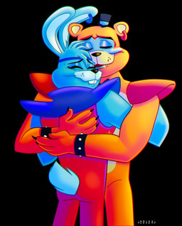 4_fingers anthro black_background black_claws black_eyebrows black_nose blue_body blue_fur bracelet brown_body brown_fur buckteeth claws clothed clothing duo ear_piercing eyebrows fingers fur happy hat headgear headwear hug hugging_another jewelry male male/male piercing simple_background standing tail teeth top_hat tuesday_(artist) five_nights_at_freddy's five_nights_at_freddy's:_security_breach scottgames steel_wool_studios glamrock_bonnie_(fnaf) glamrock_freddy bear lagomorph leporid mammal rabbit 2025 digital_media_(artwork) hi_res