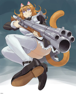 black_clothing black_footwear black_shoes butt clothed clothed_female clothed_humanoid clothing female footwear gun hair holding_gun holding_object holding_ranged_weapon holding_shotgun holding_weapon inner_ear_fluff legwear maid_uniform orange_hair orange_tail purple_eyes ranged_weapon shoes shotgun solo tail thigh_highs tuft uniform upskirt weapon white_clothing white_legwear white_thigh_highs vodnik animal_humanoid cat_humanoid felid felid_humanoid feline feline_humanoid humanoid mammal mammal_humanoid 2023 absurd_res hi_res