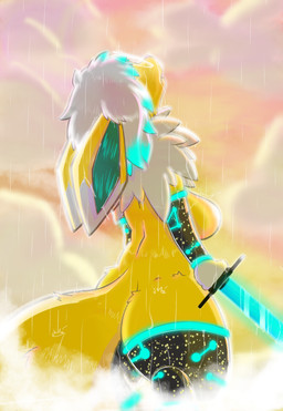 arm_warmers armwear blue_highlights breasts clothing cloud detached_sleeves digitigrade dipstick_ears dripping ear_markings eyewear female fur glasses glowing glowing_hair glowing_hair_tips glowing_sword hair highlights_(coloring) leggings legwear long_tail looking_up multicolored_ears pink_nose raindrop raining semi-anthro solo standing tail wearing_glasses wet wet_body white_ear_tips white_hair white_paws yellow_body yellow_fur sleepyheadjolteon nintendo pokemon douce_pattes eeveelution generation_1_pokemon jolteon pokemon_(species) absurd_res hi_res