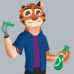 4_fingers amputee anthro black_body black_fur bottle brown_eyes candy claws clothed clothing container dessert disability fingers food fully_clothed fur grey_background holding_bottle holding_container holding_object looking_at_viewer male notched_ear orange_body orange_fur prosthetic prosthetic_arm prosthetic_limb red_nose shirt simple_background solo topwear whiskers rockbottomfeeder disney zootopia fan_character felid mammal pantherine tiger 1:1 2016 half-length_portrait portrait