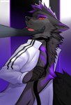 5_fingers anthro black_body black_fur clothing fingers fur holding_chin inner_ear_fluff leash male offscreen_character red_eyes solo topwear tuft angiewolf canid canine canis mammal wolf 2022 hi_res