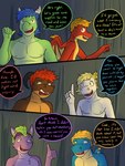 3:4 anthro barius_(fuze) blonde_hair blue_body blue_hair comic dialogue dragon english_text fuze gesture green_body green_eyes green_hair group hair hand_gesture hi_res magma_(fuze) male mangle_(fuze) membrane_(anatomy) membranous_wings mythological_creature mythological_scalie mythology nipples purple_body rail_felflame_(fuze) scalie sharp_(fuze) snort_(fuze) text thumbs_up wings