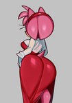 accessory anthro big_butt butt clothed clothing dress female fully_clothed fur gloves grey_background hair hair_accessory hairband handwear pink_body pink_fur pink_hair rear_view red_clothing red_dress short_tail side_slit side_slit_clothing side_slit_dress simple_background solo tail wide_hips fiinel sega sonic_the_hedgehog_(series) amy_rose eulipotyphlan hedgehog mammal 2023 hi_res