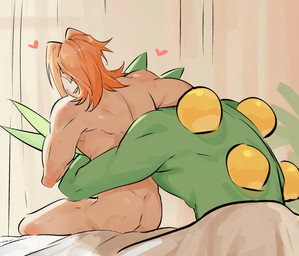 anthro arm_around_shoulders back_muscles bed butt casual_nudity duo ear_piercing ear_stud furniture hair heart_symbol hug hugging_another hugging_from_behind human_on_anthro inside interspecies intimate larger_male light long_hair love male male/male morning_after muscular nude on_bed piercing pokephilia romantic romantic_couple size_difference under_covers waking_up laiweitui nintendo pokemon a_mu_(laiweitui) fang_yuan_(laiweitui) pokemon_trainer generation_3_pokemon human mammal pokemon_(species) reptile scalie sceptile hi_res lighting
