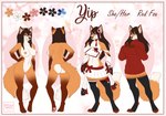 anthro black_clothing black_legwear blue_eyes bottomwear breasts brown_body brown_fur brown_hair butt clothed clothing female fur genitals grin hair humanoid_genitalia humanoid_pussy legwear nipples nude orange_body orange_fur orange_tail pink_nipples pussy red_clothing red_topwear skirt smile solo standing tail topwear white_body white_bottomwear white_clothing white_fur white_skirt white_tail white_topwear tiggybloom yip_(zoiamaru) canid canine fox mammal 2019 dated model_sheet