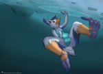 anthro antoreakk avian bird bubble camel_toe clothing feathers female hi_res ice pela_(dragontear) penguin solo swimming_fins swimwear tail tail_feathers text trapped underwater url water