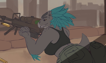 4_fingers anthro anus arm_feathers beak black_sclera bottomwear cargo casing city city_background clothing feather_hair feathered_crest feathers female fingers green_body green_feathers grey_body grey_scales gun head_crest holding_gun holding_object holding_ranged_weapon holding_weapon lying on_front pants pseudo_hair ranged_weapon rifle scales shirt short_tail sniper_rifle solo tail tank_top topwear weapon yellow_eyes ardail halo_(series) microsoft xbox_game_studios alien avian kig-yar scalie t'vaoan colored flat_colors source_request unfinished