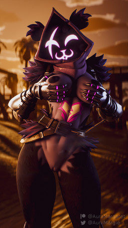 anthro areola armor beach black_nipples breast_play breasts clothing feathers female fondling fur gauntlets genitals gloves handwear hood hoodie looking_at_viewer nipples palm_tree plant purple_body purple_fur seaside shadow_face solo standing sunset topwear tree vulva auramargaret epic_games fortnite raven_team_leader bear mammal 3d_(artwork) 9:16 absurd_res blender_(artwork) blender_cycles_(artwork) digital_media_(artwork) hi_res watermark