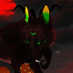 ambiguous_gender brown_body brown_fur clothing ear_piercing fangs feral fur green_eyes green_inner_ear_fluff green_markings hat headgear headwear industrial_piercing inner_ear_fluff markings object_in_mouth piercing solo teeth text tuft witch_hat msdeadsoul ike_reighven_hollow canid canine mammal 1:1 2021 artist_name dated english_text hi_res
