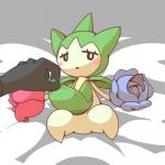 ambiguous_gender bed_sheet bedding disembodied_hand duo featureless_crotch flower_(anatomy) looking_at_viewer lying not_furry on_back plant suggestive suggestive_posing crepix nintendo pokemon elemental_creature flora_fauna generation_3_pokemon humanoid pokemon_(species) roselia 1:1 low_res