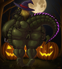 anthro anus areola big_areola big_breasts big_butt big_nipples big_tail biped blonde_hair breasts butt cellulite chain clothing female food fruit genitals green_body green_scales hair hat headgear headwear holidays huge_breasts huge_butt hyper hyper_breasts jack-o'-lantern long_tongue moon night nipple_piercing nipples piercing plant plump_labia presenting presenting_anus presenting_hindquarters presenting_vulva puffy_anus pumpkin scales sharp_teeth solo spread_butt spread_vulva spreading tail teeth thick_thighs tongue tongue_piercing tree vulva kobu_art halloween carolina_delacroix_(heliocintrini) alligator alligatorid crocodilian reptile scalie absurd_res hi_res