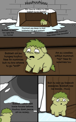 abandoned abuse abused ambiguous_feral ambiguous_gender baby_talk black_text bodily_fluids box cardboard cardboard_box container crying dialogue feral green_body green_hair green_tail hair hooves ice outside quadruped sad sitting snow solo tail tears text young young_ambiguous young_feral roadkill_(fc) fluffy_pony fluffy_pony_(species) mammal 2026 5:8 absurd_res comic digital_media_(artwork) english_description english_text hi_res