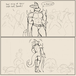aftermath anthro balls bodily_fluids cape clothing cum cum_in_ass cum_inside dialogue genital_fluids genitals group laugh laughing_at low_contrast male male/male melee_weapon muscular muscular_anthro muscular_male penis sharp_teeth shoulder_guards small_penis spade_tail spikes sword tail teeth text weapon 60percentscalie dovak demon lizard reptile scalie comic english_text greyscale hi_res monochrome sketch