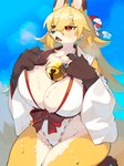 anthro asian_clothing bell big_breasts blonde_hair blush bodily_fluids breasts breath cleavage clothed clothing east_asian_clothing female fur hair heat_(temperature) high_cut_miko_outfit japanese_clothing kemono kneeling miko_outfit open_mouth outside panting red_eyes sharp_teeth solo sweat teeth yellow_body yellow_fur kame_3 canid canine fox mammal hi_res