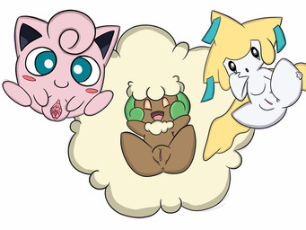 blue_eyes brown_body brown_fur chibi female fluffy fur genitals group looking_at_viewer pink_body presenting presenting_vulva simple_background smile spread_legs spread_vulva spreading vulva white_background white_body pervymarioman nintendo pokemon generation_1_pokemon generation_3_pokemon generation_5_pokemon jigglypuff jirachi legendary_pokemon pokemon_(species) whimsicott 4:3