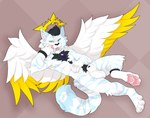 animal_genitalia anthro back_wings beaded_jewelry beads blue_eyes flaccid fur genitals halo jewelry male pawpads penis sheath solo tail teeth_showing white_body white_fur white_wings wings decodecker felid mammal pantherine tiger absurd_res hi_res