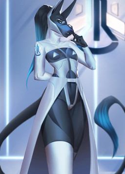 anthro black_hair blue_eyes blue_hair breasts clothed clothing dark_body eyewear fangs female glasses grey_body hair hand_behind_back looking_at_viewer narrowed_eyes navel rectangular_glasses simple_background skimpy small_breasts solo standing tail tail_tuft teeth tuft unsigned white_clothing shermugi yvonevna_(farex29) acrador canid canine canis jackal mammal 2022 absurd_res hi_res portrait three-quarter_portrait