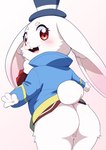 anthro blush butt clothed clothing female fur genitals hat headgear headwear pussy smile solo white_body white_fur umisag85rabb99 shangri-la_frontier emul_(shangri-la_frontier) lagomorph leporid mammal rabbit censored