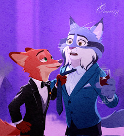 anthro bow_tie clothing container cup drinking_glass duo formal_wear glass glass_container glass_cup interspecies looking_at_another male male/male necktie pulling_tie smile standing suit surprised wine_glass oravert69522 disney zootopia nick_wilde pawbert_lynxley canada_lynx canid canine felid feline fox lynx mammal hi_res