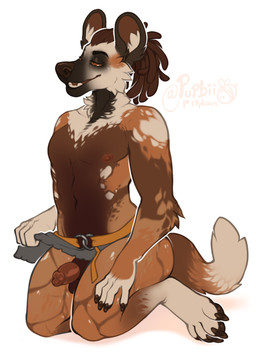 animal_genitalia anthro balls bottomwear brown_balls brown_body brown_fur brown_hair brown_sclera brown_sheath cheek_tuft clothed clothing dreadlocks facial_tuft fangs fur genitals grey_bottomwear grey_clothing grey_loincloth hair half-erect kneeling loincloth male male_anthro narrowed_eyes neck_tuft open_mouth orange_body orange_fur penis penis_tip sheath simple_background solo teeth three-quarter_view topless tuft white_background white_body white_fur seraphictiger african_wild_dog canid canine mammal full-length_portrait hi_res portrait signature