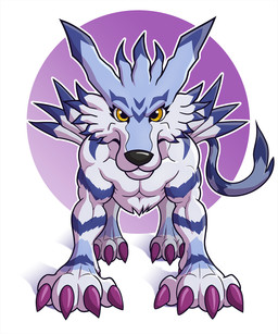 arm_tuft blue_body blue_fur cheek_tuft claws facial_tuft feral fur fur_markings looking_at_viewer male markings muscular muscular_feral muscular_legs muscular_male pecs pointy_ears purple_claws shoulder_tuft solo tail tuft white_body white_fur yellow_eyes flytermo2 masterxvmon bandai_namco digimon canid canine canis digimon_(species) garurumon mammal wolf 2023 5:6 hi_res