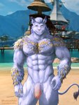 abs anthro balls beach biceps blue_body blue_fur blue_hair chest_fur detailed_background front_view fur genitals hair looking_at_viewer male muscular muscular_anthro muscular_male nipples nude open_mouth orange_eyes orange_stripes outside pecs penis pose quads sand seaside smile solo stripes teeth triceps vein veiny_penis water baiyushou final_fantasy final_fantasy_xiv square_enix felid hrothgar mammal 2020 hi_res pinup portrait three-quarter_portrait