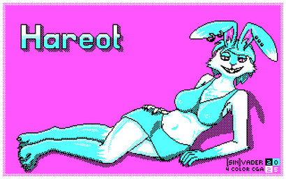 4_colors anthro arm_support barefoot bikini bikini_top blue_body blue_clothing blue_fur blue_hair border bottomwear breasts buckteeth cga cheek_tuft chest_tuft clothing digitigrade ear_piercing eyeliner facial_tuft feet female fur furgonomics furry-specific_piercing hair hand_on_hip leaning_on_elbow long_ears looking_at_viewer lying makeup nipple_outline nipple_piercing nipple_piercing_outline nipples on_side panties piercing ring_piercing short_hair simple_background skirt smile smiling_at_viewer solo swimwear teeth text tuft two-piece_swimsuit underwear white_body white_border white_fur [in]vader hareot_([in]vader) hare lagomorph leporid mammal 16:10 digital_media_(artwork) dithering pixel_(artwork) restricted_palette widescreen gynomorph_(lore)