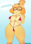 2019 animal_crossing anthro big_breasts bikini biped breasts camel_toe canid canine canis clothed clothing curvy_figure dialogue domestic_dog english_text female front_view fur hi_res hotkeke1 isabelle_(animal_crossing) mammal nintendo nipple_outline pattern_background portrait red_clothing red_underwear shih_tzu simple_background slightly_chubby solo standing swimwear text thick_thighs three-quarter_portrait toy_dog underwear voluptuous wide_hips yellow_body yellow_fur
