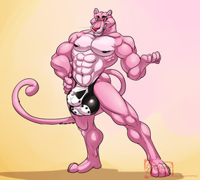 4_toes 5_fingers abs anthro barefoot big_bulge big_muscles biped black_bottomwear black_clothing black_nipples bottomwear bulge clothed clothing countershade_face countershade_torso countershading eyebrows feet fingers front_view fur gradient_background grin hand_on_hip huge_muscles humanoid_hands long_tail looking_aside male multicolored_body multicolored_fur muscular muscular_anthro muscular_arms muscular_male nipples no_sclera obliques pecs pink_body pink_countershading pink_fur pink_nose pink_tail plantigrade pose quads serratus simple_background smile solo standing tail thin_tail thong tight_underwear toes topless triceps two_tone_body two_tone_fur underwear whiskers white_bottomwear white_clothing yellow_background yellow_eyes hungothenomster metro-goldwyn-mayer pink_panther_(series) pink_panther felid mammal pantherine 2017 cel_shading digital_media_(artwork) full-length_portrait pinup portrait shaded watermark