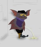 anthro bodily_fluids desperation genital_fluids genitals holding_penis male male_peeing omorashi peeing pegleg penis penis_poking_out public_urination relieved simple_background solo standing sweat urine urine_stream illegaleel disney the_great_mouse_detective fidget_(disney) bat mammal hi_res